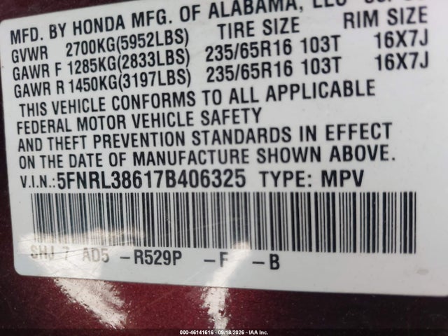 Продаж на аукціоні авто 2007 Honda Odyssey Ex-l, vin: 5FNRL38617B406325, номер лоту: 46141616