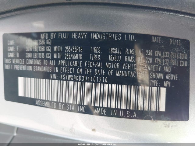 46141617 :رقم المزاد ، 4S4WX9KD3D4401210 vin ، 2013 Subaru Tribeca 3.6r Limited مزاد بيع