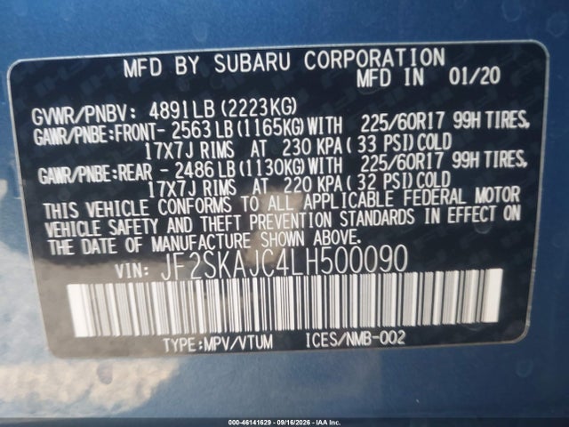 2020 Subaru Forester Premium მანქანა იყიდება აუქციონზე, vin: JF2SKAJC4LH500090, აუქციონის ნომერი: 46141629