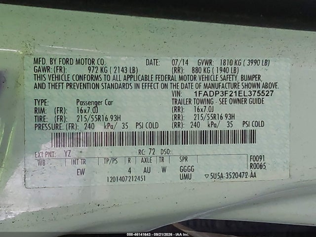 Ford FOCUS SE 2014 1FADP3F21EL375527 Image 9