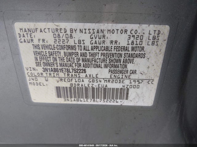 2008 Nissan Sentra 2.0 S მანქანა იყიდება აუქციონზე, vin: 3N1AB61E78L752226, აუქციონის ნომერი: 46141649