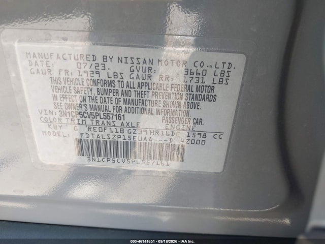 Продаж на аукціоні авто 2023 Nissan Kicks Sv Xtronic Cvt, vin: 3N1CP5CV5PL557161, номер лоту: 46141651