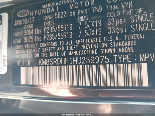Aukcja sprzedaży 2017 Hyundai Santa Fe Limited Ultimate, vin: KM8SRDHF1HU239975, numer aukcji: 46141652