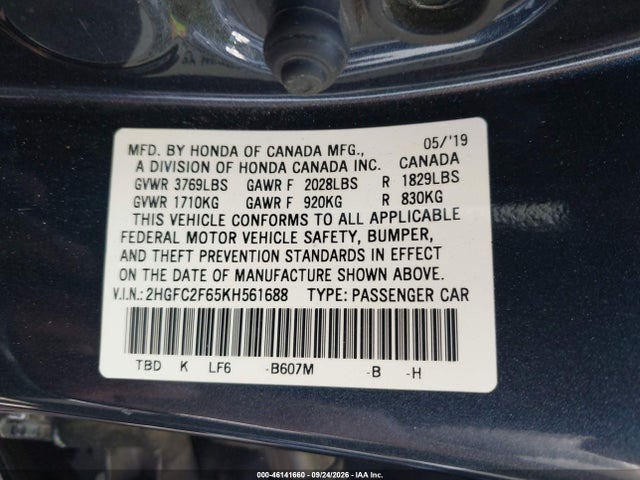 Honda Civic Lx 2019 2HGFC2F65KH561688 Image 9