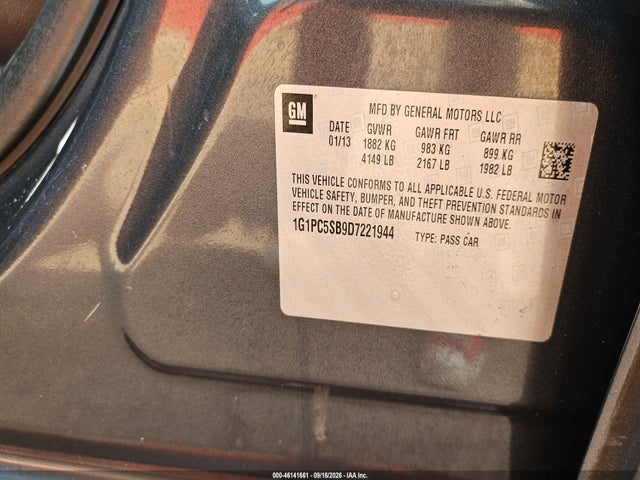 46141661 :رقم المزاد ، 1G1PC5SB9D7221944 vin ، 2013 Chevrolet Cruze 1lt Auto مزاد بيع