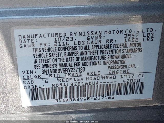 46141672 :رقم المزاد ، 3N1AB8BV6RY237183 vin ، 2024 Nissan Sentra S Xtronic Cvt مزاد بيع