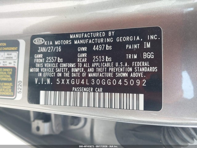 Продаж на аукціоні авто 2016 Kia Optima Ex, vin: 5XXGU4L30GG045092, номер лоту: 46141673