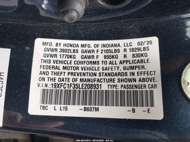 Продаж на аукціоні авто 2020 Honda Civic Ex, vin: 19XFC1F35LE208931, номер лоту: 46141674