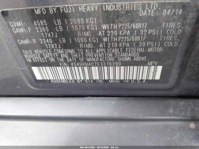 Aukcja sprzedaży 2014 Subaru Outback 2.5i, vin: 4S4BRBAC7E3316290, numer aukcji: 46141680