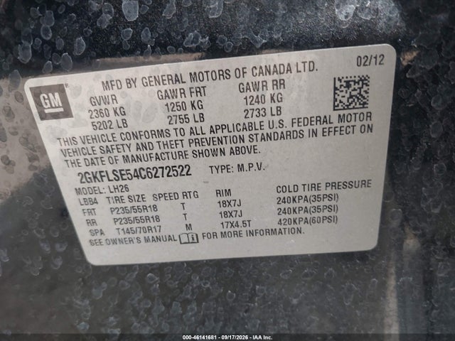 Продаж на аукціоні авто 2012 Gmc Terrain Sle-2, vin: 2GKFLSE54C6272522, номер лоту: 46141681