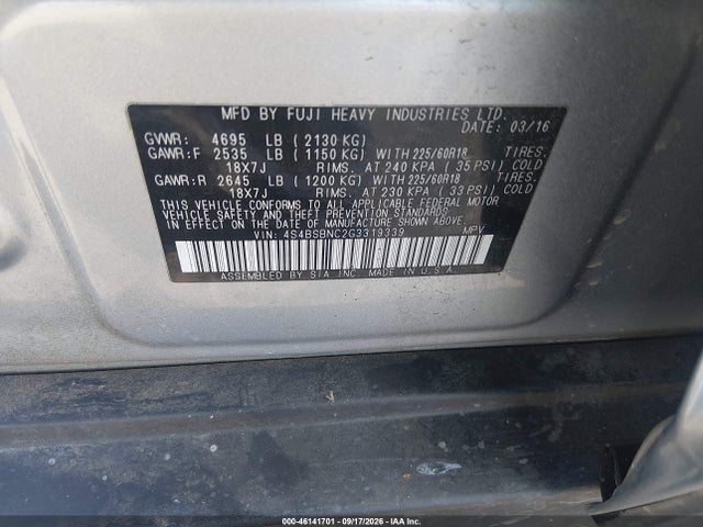 Продажа на аукционе авто 2016 Subaru Outback 2.5i Limited, vin: 4S4BSBNC2G3319339, номер лота: 46141701