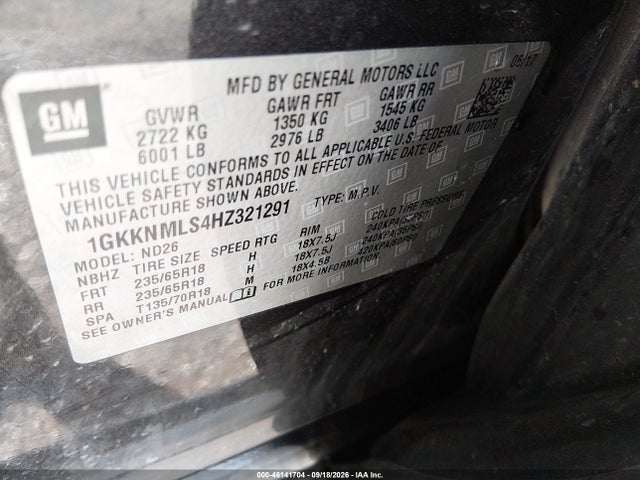 46141704 :رقم المزاد ، 1GKKNMLS4HZ321291 vin ، 2017 Gmc Acadia Slt-1 مزاد بيع