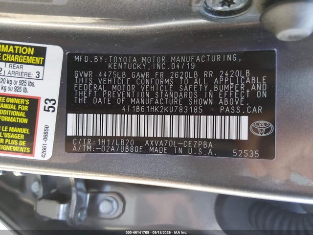 4T1B61HK2KU783185 Toyota CAMRY XSE
