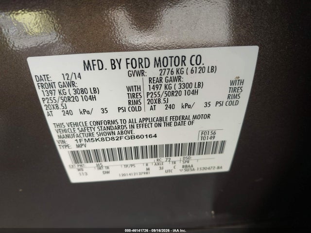 Ford EXPLORER XLT 2015 1FM5K8D82FGB60164 Image 9