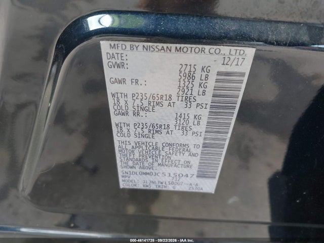 Aukcja sprzedaży 2018 Infiniti Qx60, vin: 5N1DL0MM0JC515047, numer aukcji: 46141728