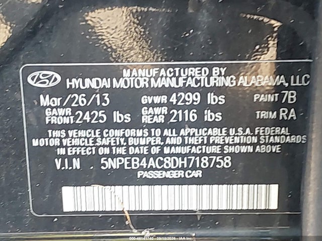 Продажа на аукционе авто 2013 Hyundai Sonata Gls, vin: 5NPEB4AC8DH718758, номер лота: 46141740