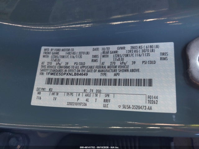 46141752 :رقم المزاد ، 1FMEE5DPXNLB84649 vin ، 2022 Ford Bronco Badlands مزاد بيع