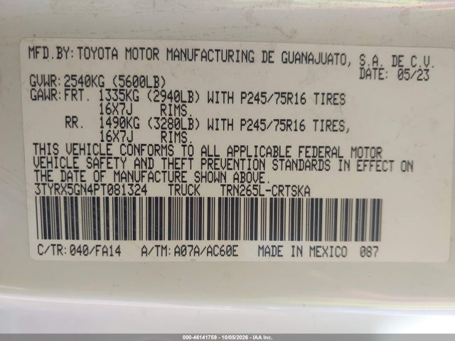 46141759 :رقم المزاد ، 3TYRX5GN4PT081324 vin ، 2023 Toyota Tacoma Sr مزاد بيع