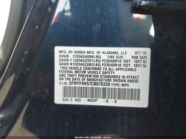 Aukcja sprzedaży 2012 Honda Pilot Ex-l, vin: 5FNYF4H57CB076328, numer aukcji: 46141768