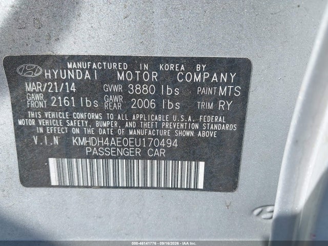 46141776 :رقم المزاد ، KMHDH4AE0EU170494 vin ، 2014 Hyundai Elantra Limited مزاد بيع