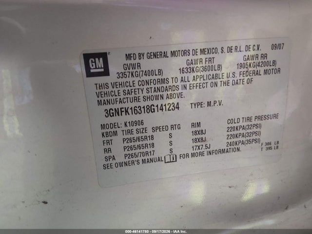 Aukcja sprzedaży 2008 Chevrolet Suburban 1500 Lt, vin: 3GNFK16318G141234, numer aukcji: 46141780