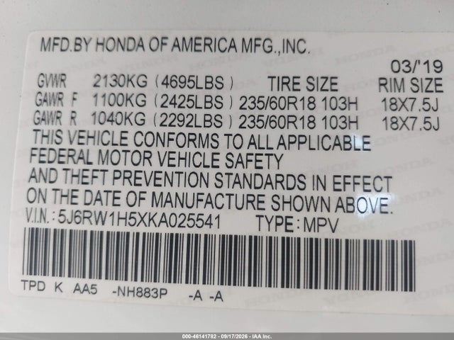 Aukcja sprzedaży 2019 Honda Cr-v Ex, vin: 5J6RW1H5XKA025541, numer aukcji: 46141782