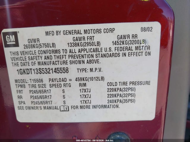 46141784 :رقم المزاد ، 1GKDT13S532145558 vin ، 2003 Gmc Envoy Slt مزاد بيع
