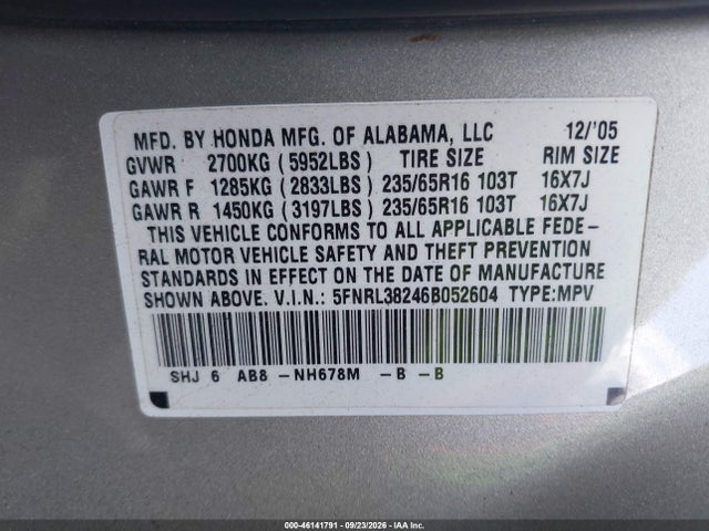 46141791 :رقم المزاد ، 5FNRL38246B052604 vin ، 2006 Honda Odyssey Lx مزاد بيع