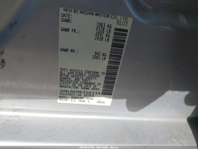 2023 Nissan Altima Sv Fwd მანქანა იყიდება აუქციონზე, vin: 1N4BL4DV1PN350334, აუქციონის ნომერი: 46141794