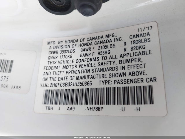 2HGFC3B32JH350366 Honda Civic Ex-t