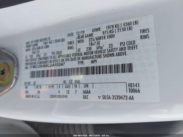 2020 Ford Escape Sel მანქანა იყიდება აუქციონზე, vin: 1FMCU0H66LUA55247, აუქციონის ნომერი: 46141824