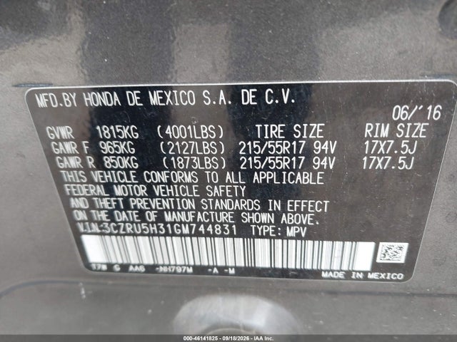 Продаж на аукціоні авто 2016 Honda Hr-v Lx, vin: 3CZRU5H31GM744831, номер лоту: 46141825