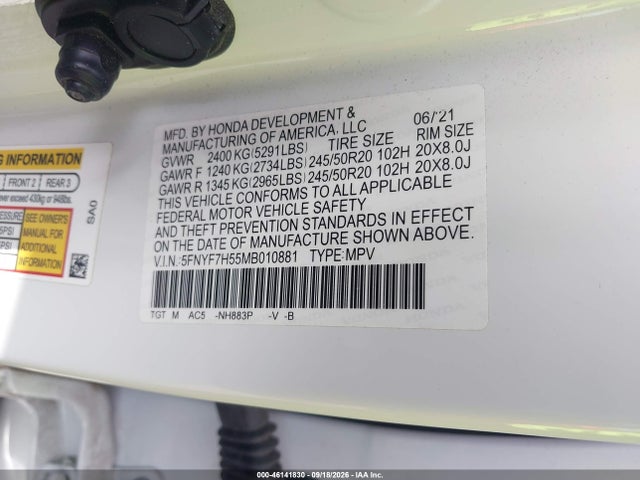 2021 Honda Passport 2wd Ex-l მანქანა იყიდება აუქციონზე, vin: 5FNYF7H55MB010881, აუქციონის ნომერი: 46141830