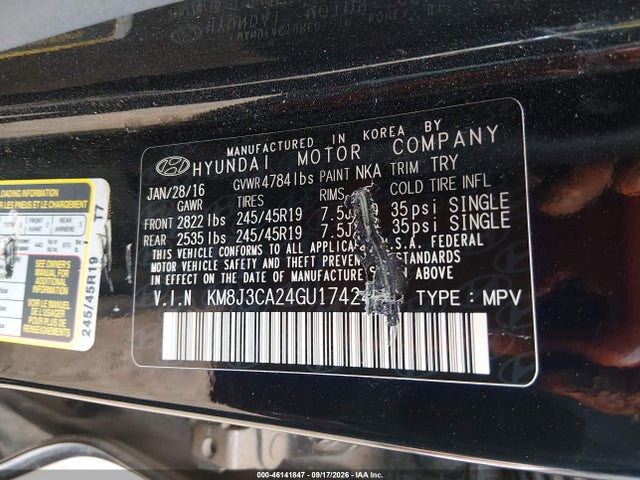 Auction sale of the 2016 Hyundai Tucson Limited, vin: KM8J3CA24GU174245, lot number: 46141847