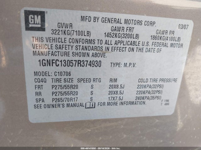 Продаж на аукціоні авто 2007 Chevrolet Tahoe Lt, vin: 1GNFC13057R374930, номер лоту: 46141850