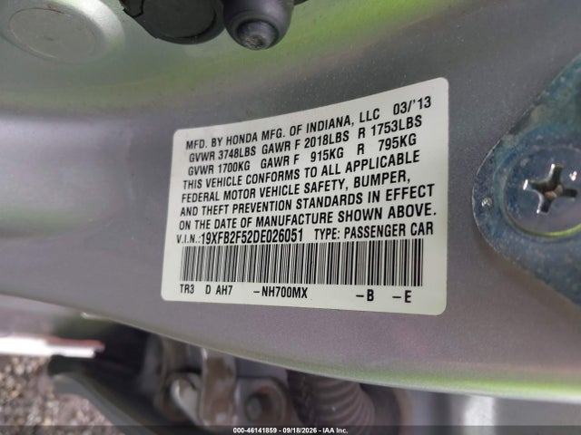 Продаж на аукціоні авто 2013 Honda Civic Lx, vin: 19XFB2F52DE026051, номер лоту: 46141859