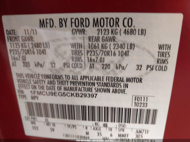 46141864 :رقم المزاد ، 1FMCU9EG5CKB29397 vin ، 2012 Ford Escape Limited مزاد بيع