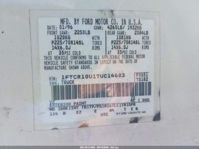 46141869 :رقم المزاد ، 1FTCR10U1TUC14603 vin ، 1996 Ford Ranger مزاد بيع