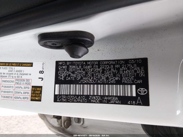 Aukcja sprzedaży 2010 Toyota Prius Iv, vin: JTDKN3DU1A0151245, numer aukcji: 46141871