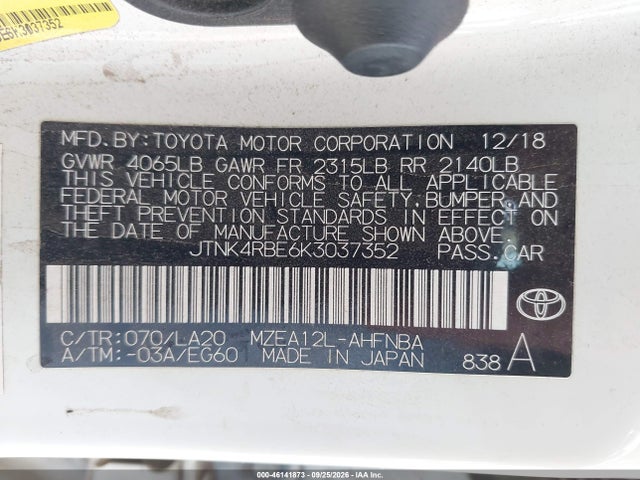 Продажа на аукционе авто 2019 Toyota Corolla Xse, vin: JTNK4RBE6K3037352, номер лота: 46141873