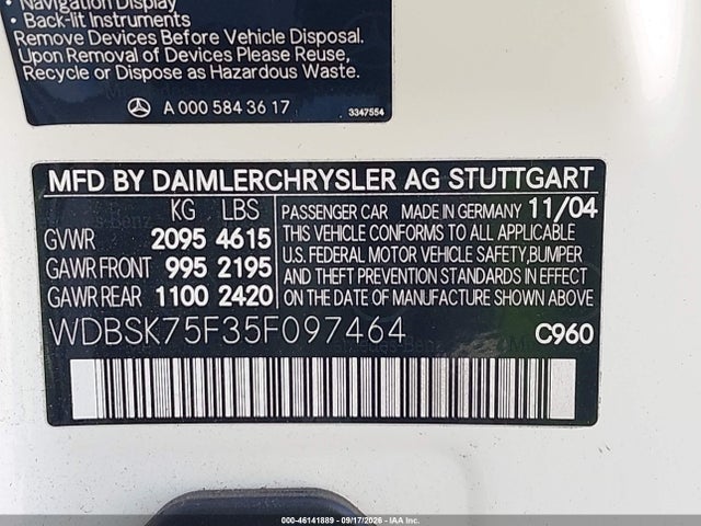 Продажа на аукционе авто 2005 Mercedes-benz Sl 500, vin: WDBSK75F35F097464, номер лота: 46141889