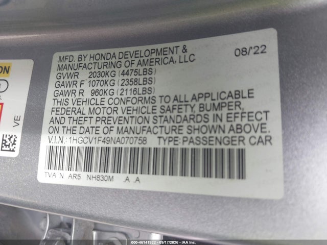 Продаж на аукціоні авто 2022 Honda Accord Sport Se, vin: 1HGCV1F49NA070758, номер лоту: 46141922