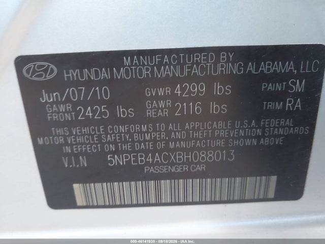 2011 Hyundai Sonata Gls მანქანა იყიდება აუქციონზე, vin: 5NPEB4ACXBH088013, აუქციონის ნომერი: 46141930