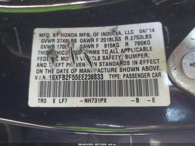 Honda Civic Lx 2014 19XFB2F55EE238833 Image 9