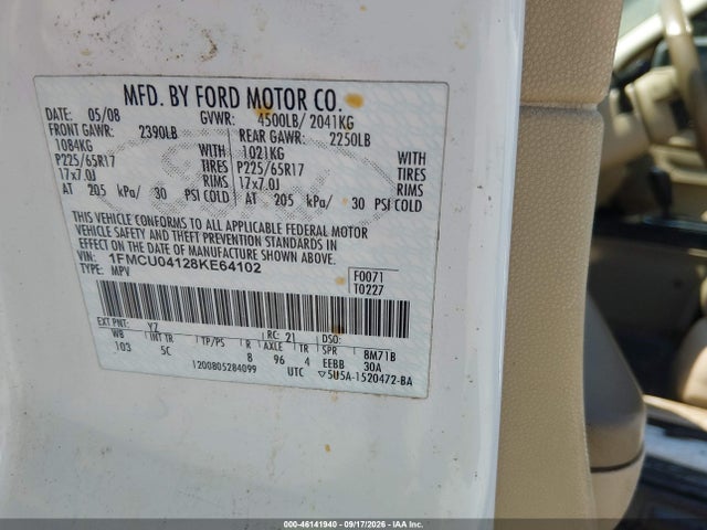 2008 Ford Escape Limited მანქანა იყიდება აუქციონზე, vin: 1FMCU04128KE64102, აუქციონის ნომერი: 46141940