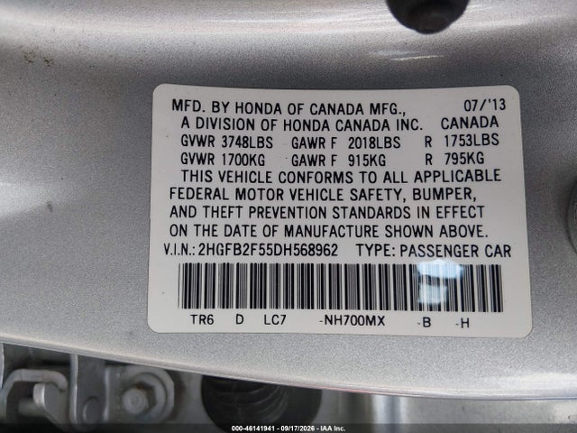 46141941 :رقم المزاد ، 2HGFB2F55DH568962 vin ، 2013 Honda Civic Lx مزاد بيع