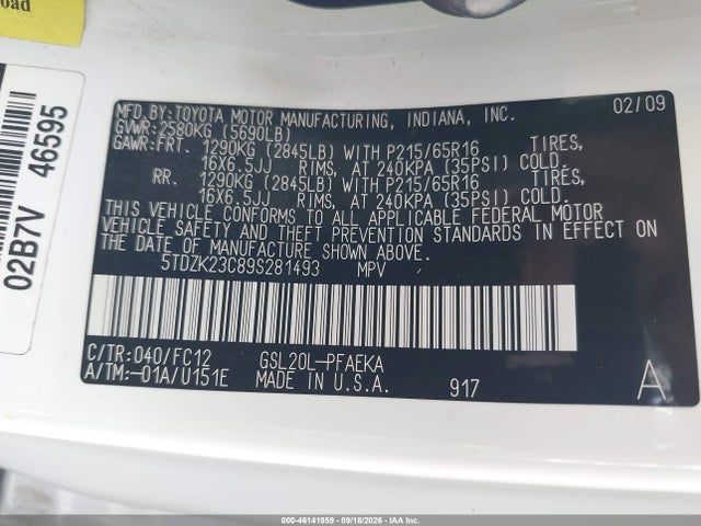 Aukcja sprzedaży 2009 Toyota Sienna Le, vin: 5TDZK23C89S281493, numer aukcji: 46141959