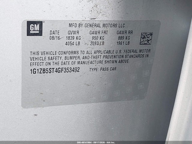 Продаж на аукціоні авто 2016 Chevrolet Malibu Ls, vin: 1G1ZB5ST4GF353492, номер лоту: 46141964