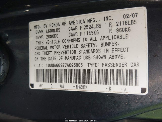 Продаж на аукціоні авто 2007 Acura Tl 3.2, vin: 19UUA66277A025865, номер лоту: 46141981