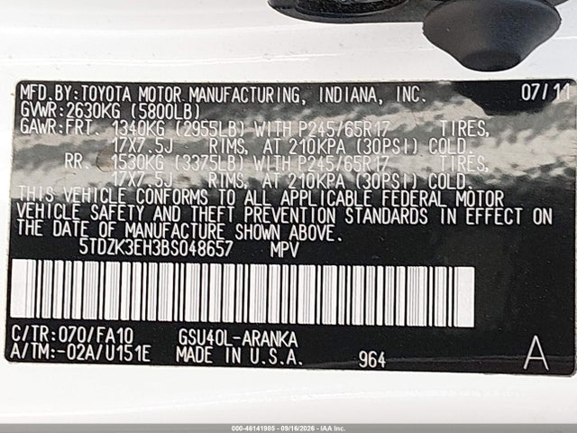 2011 Toyota Highlander Base V6 მანქანა იყიდება აუქციონზე, vin: 5TDZK3EH3BS048657, აუქციონის ნომერი: 46141985